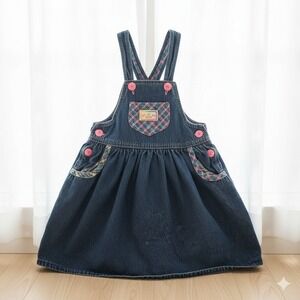 OshKosh B'gosh Denim Overalls Dress‎ Pink Plaid Trim Baby Girls Size 6